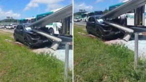 Veículo perde controle e colide com abrigo de ônibus na Avenida Paralela