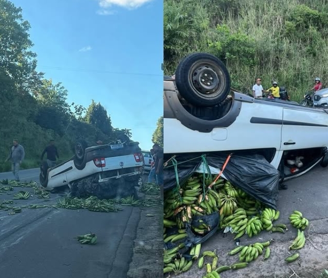 Veículo carregado de bananas sai da pista e carga fica destruída na BR-101
