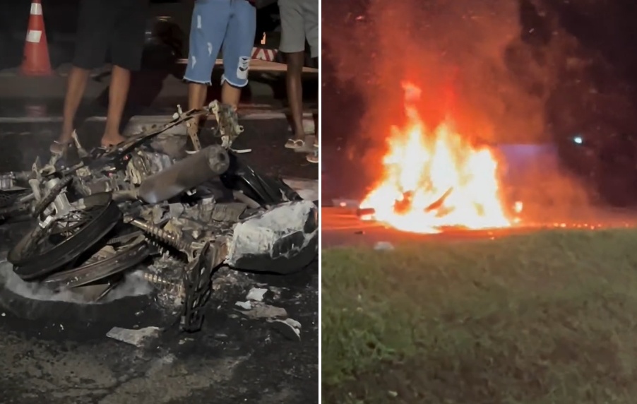 Incêndio destrói motos após colisão na Estrada do Coco, em Camaçari